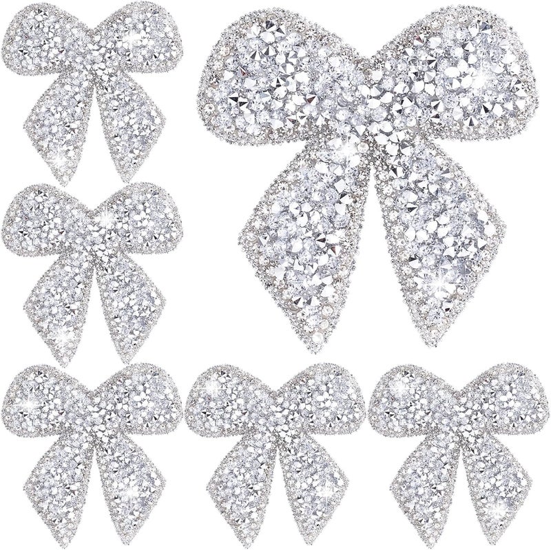 SmallCat 6pcs Bow Rhinestone Patches, Glitter Bowknot Applique, Self-Adhesive Repair Bow Clothing Patches for Jackets Hats Bags Jeans Shoes- Silver - Image 1